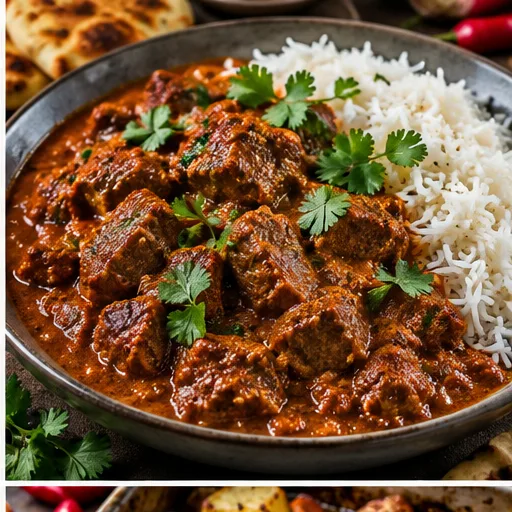 Rich beef curry served with rice
